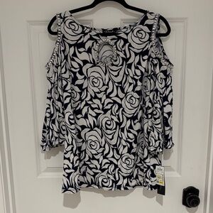 Elegant Floral Cold Shoulder Blouse - Navy and White